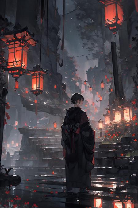 16857-3794867830-(masterpiece_1.2), best quality,realistic,Tyndall effect,_night, lantern, tree, scenery, outdoors, 1boy, solo, black hair, japan.png